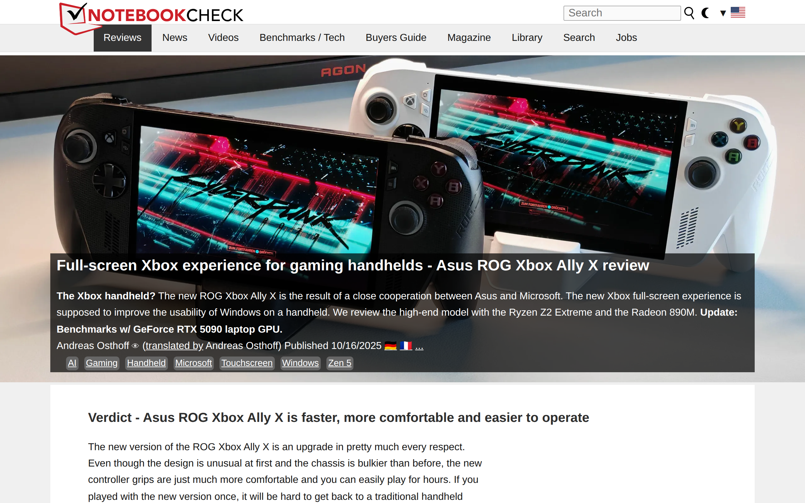 Notebookcheck review page of the Asus ROG Xbox Ally X with a handheld photo and the verdict heading