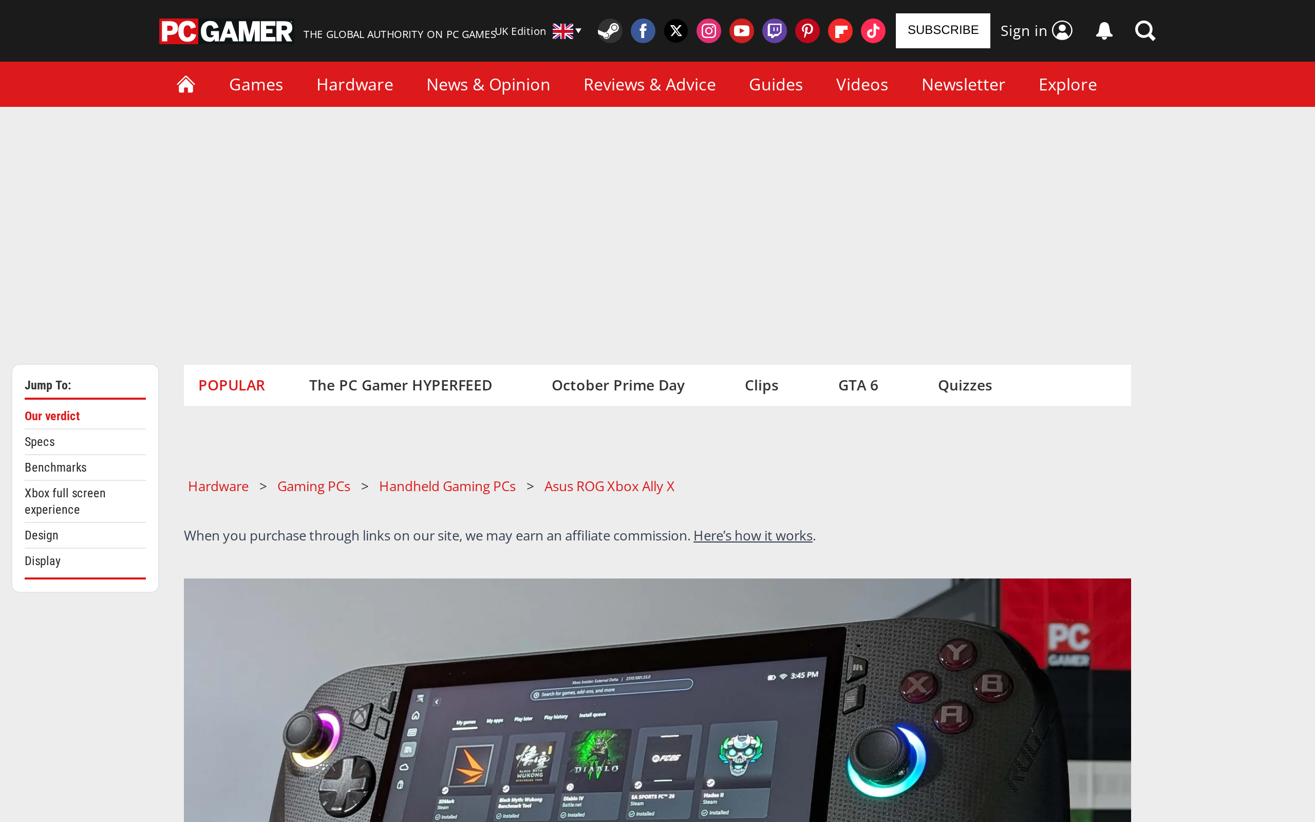 PC Gamer review page for the Asus ROG Xbox Ally X with a handheld photo and the Xbox full screen experience section in the jump menu