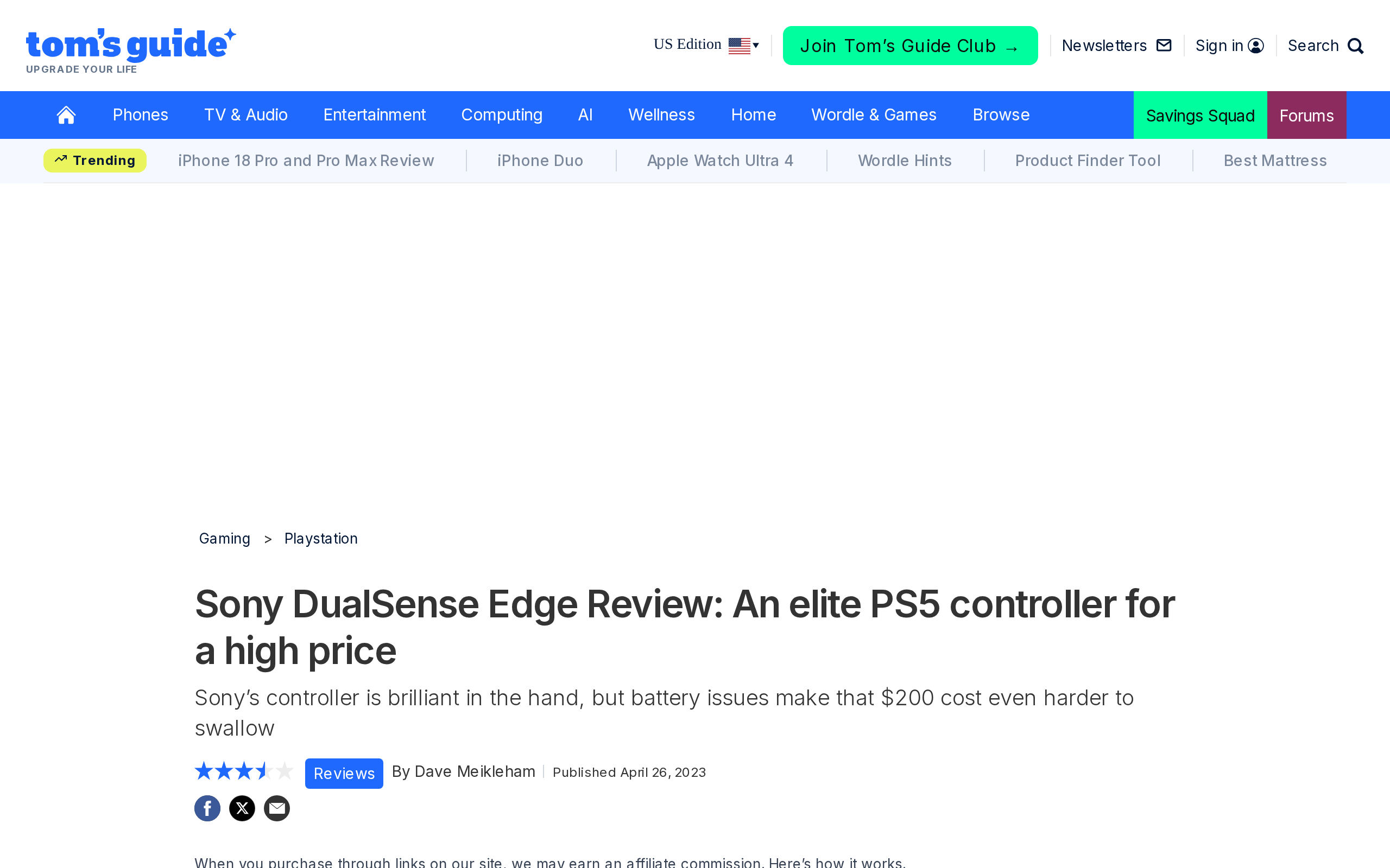 Tom's Guide review page for the Sony DualSense Edge, headlined An elite PS5 controller for a high price