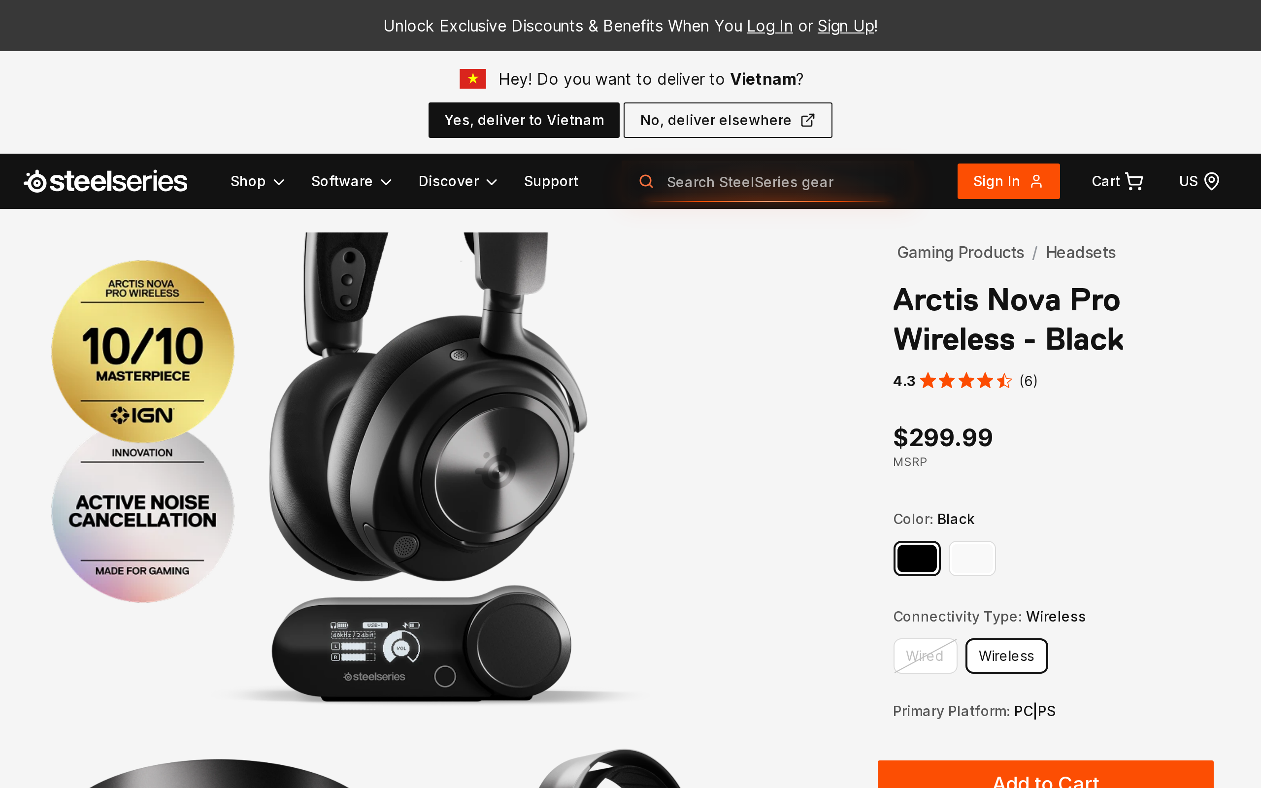 SteelSeries' product page for the Arctis Nova Pro Wireless in black, priced at $299.99
