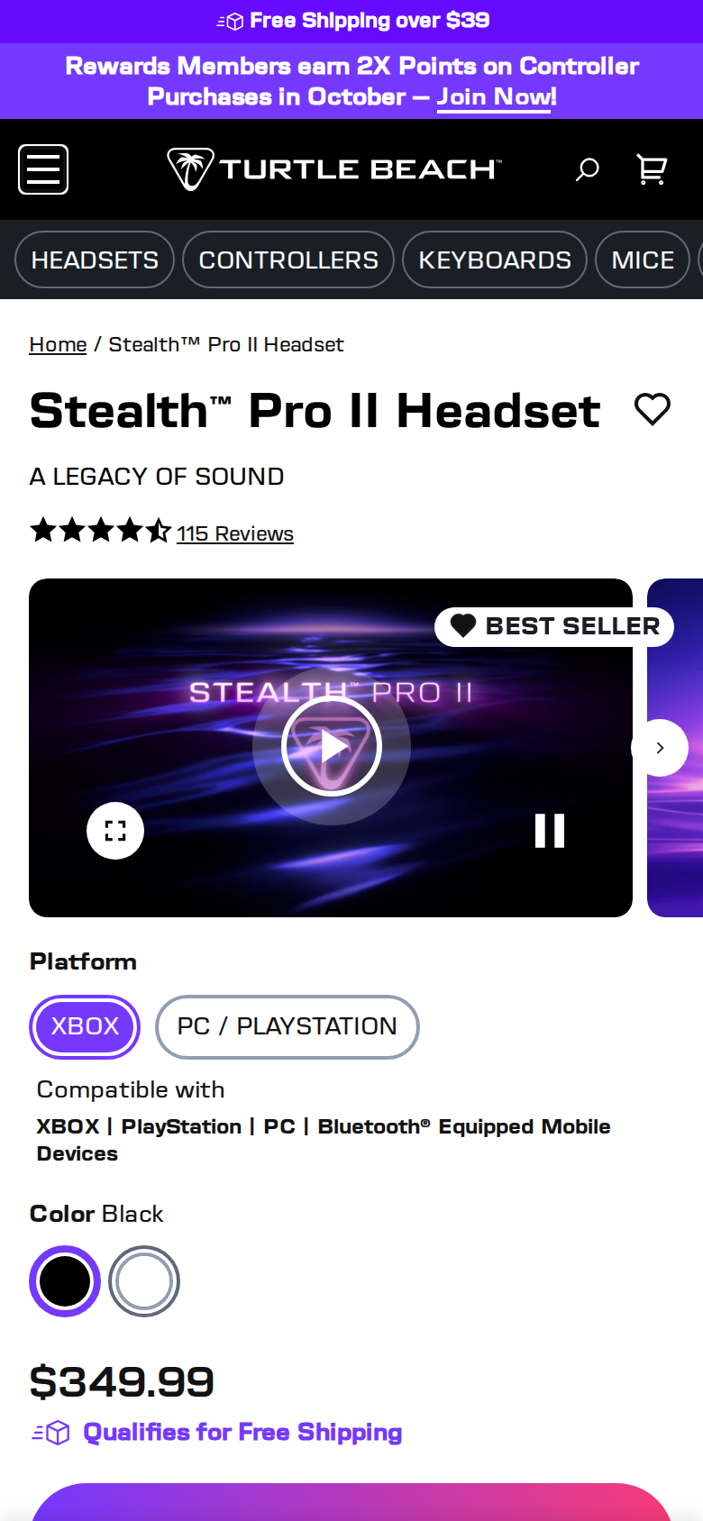 A phone-width capture of Turtle Beach's Stealth Pro II page with the $349.99 price