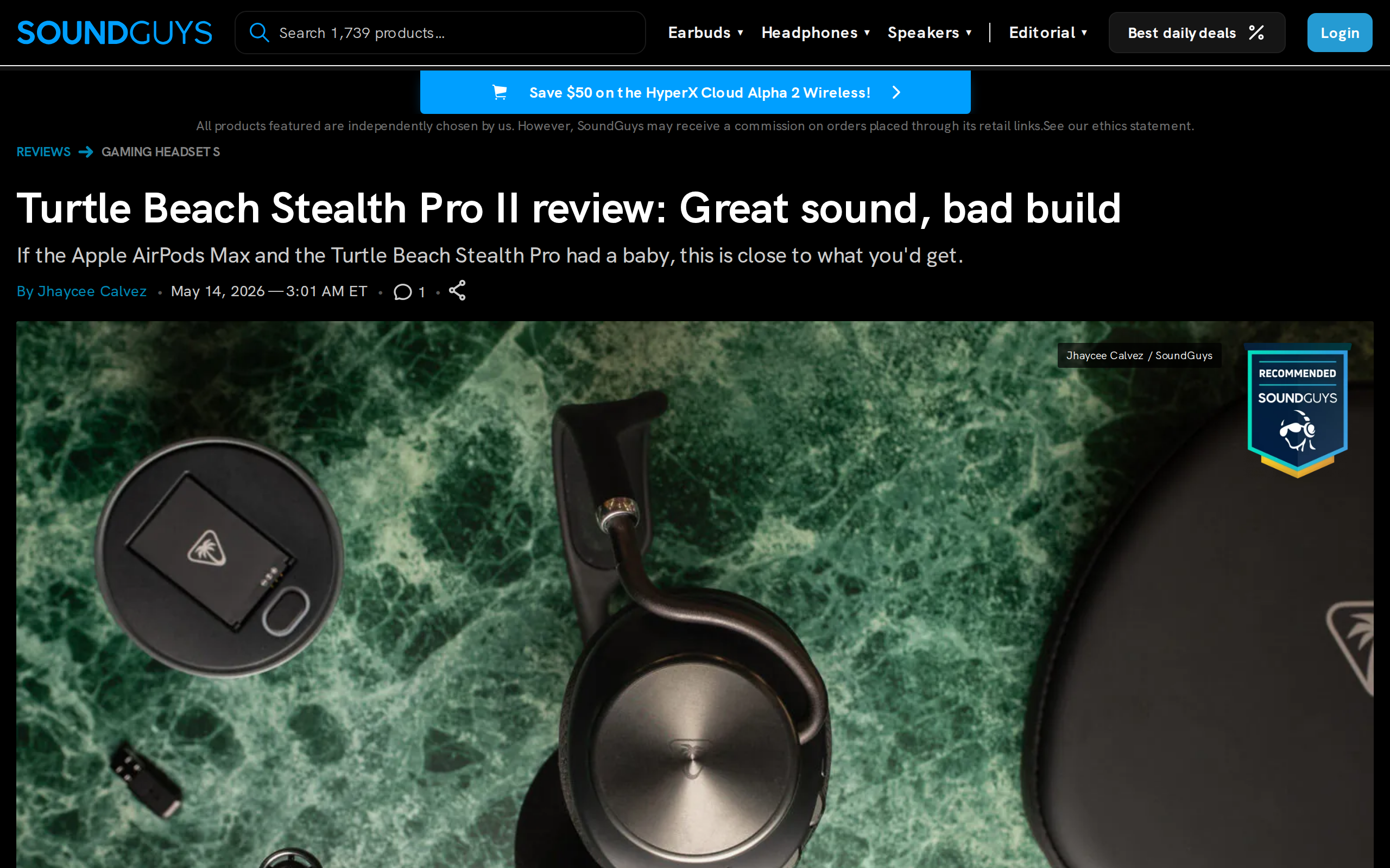 SoundGuys' review of the Stealth Pro II, headlined "Great sound, bad build," showing the headset with its dock and carry case