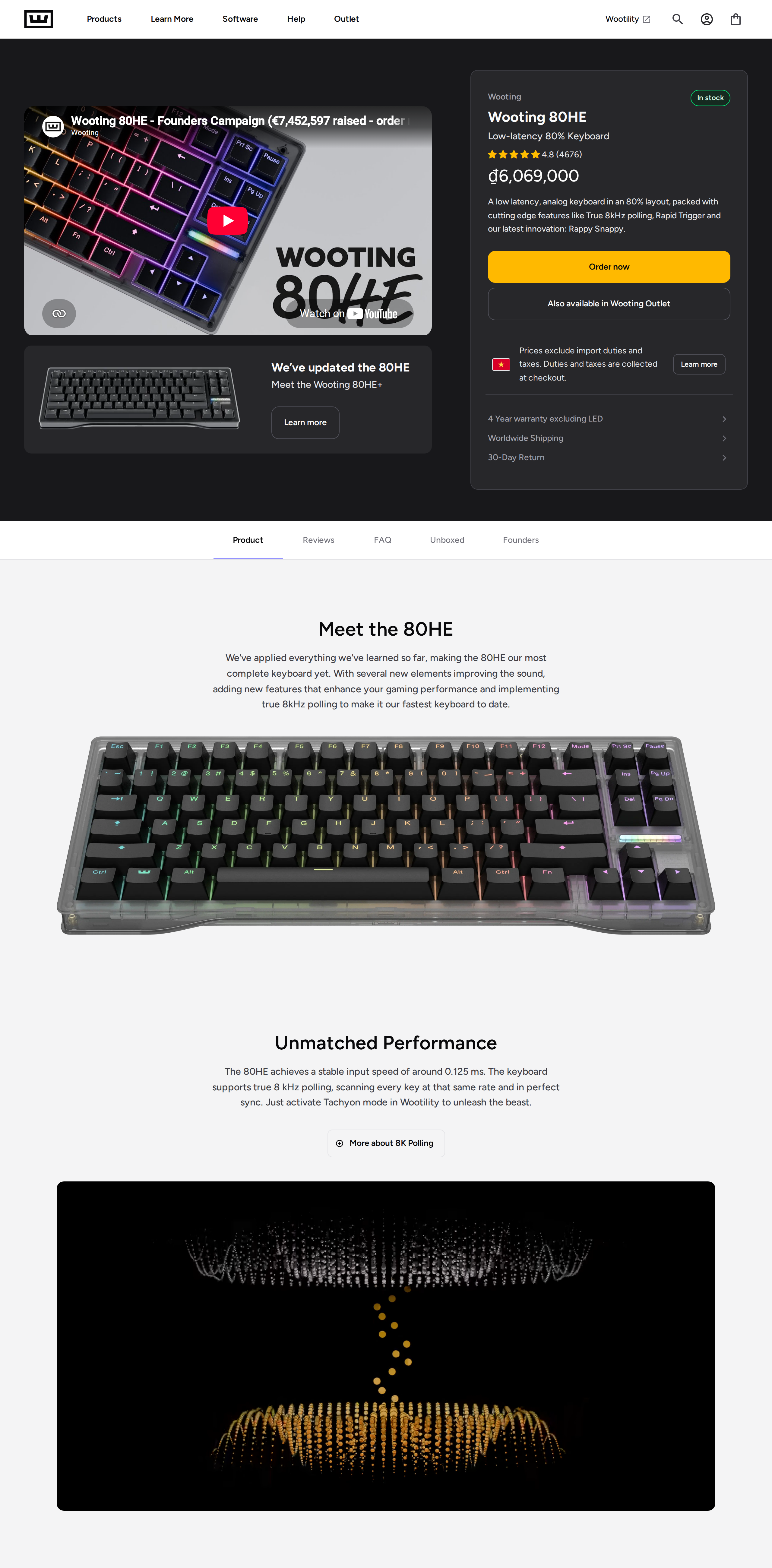 Wooting 80HE product page, scrolled to Meet the 80HE and Unmatched Performance