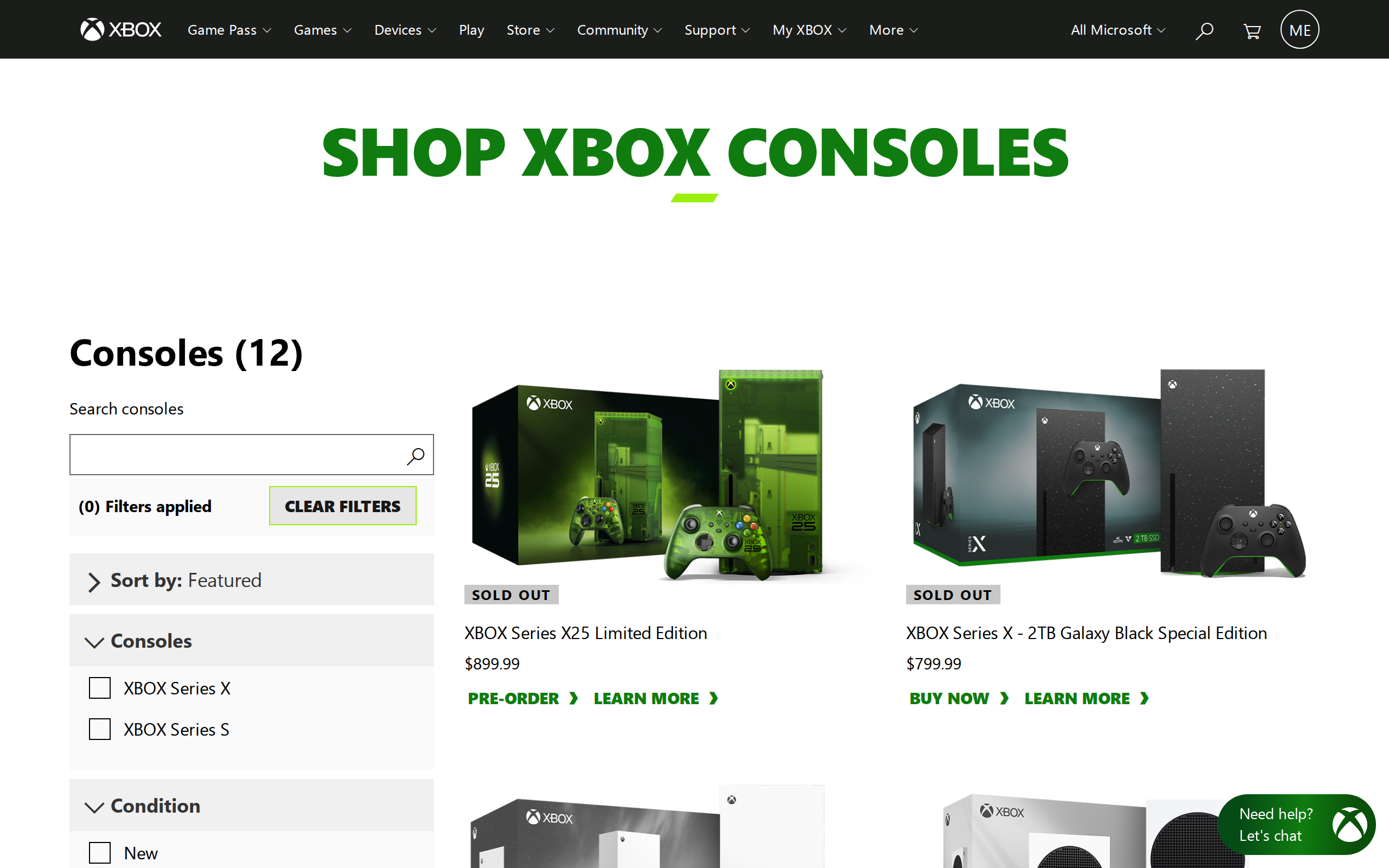 The Xbox all-consoles page listing the Series X models with prices of $799.99 and $899.99