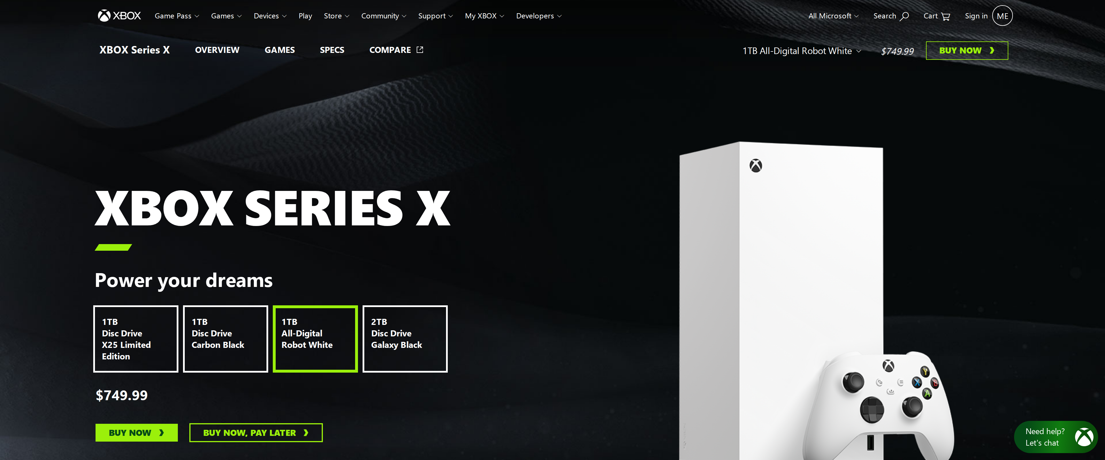 Official Xbox Series X page on a dark background showing the 1TB disc drive and the $749.99 price