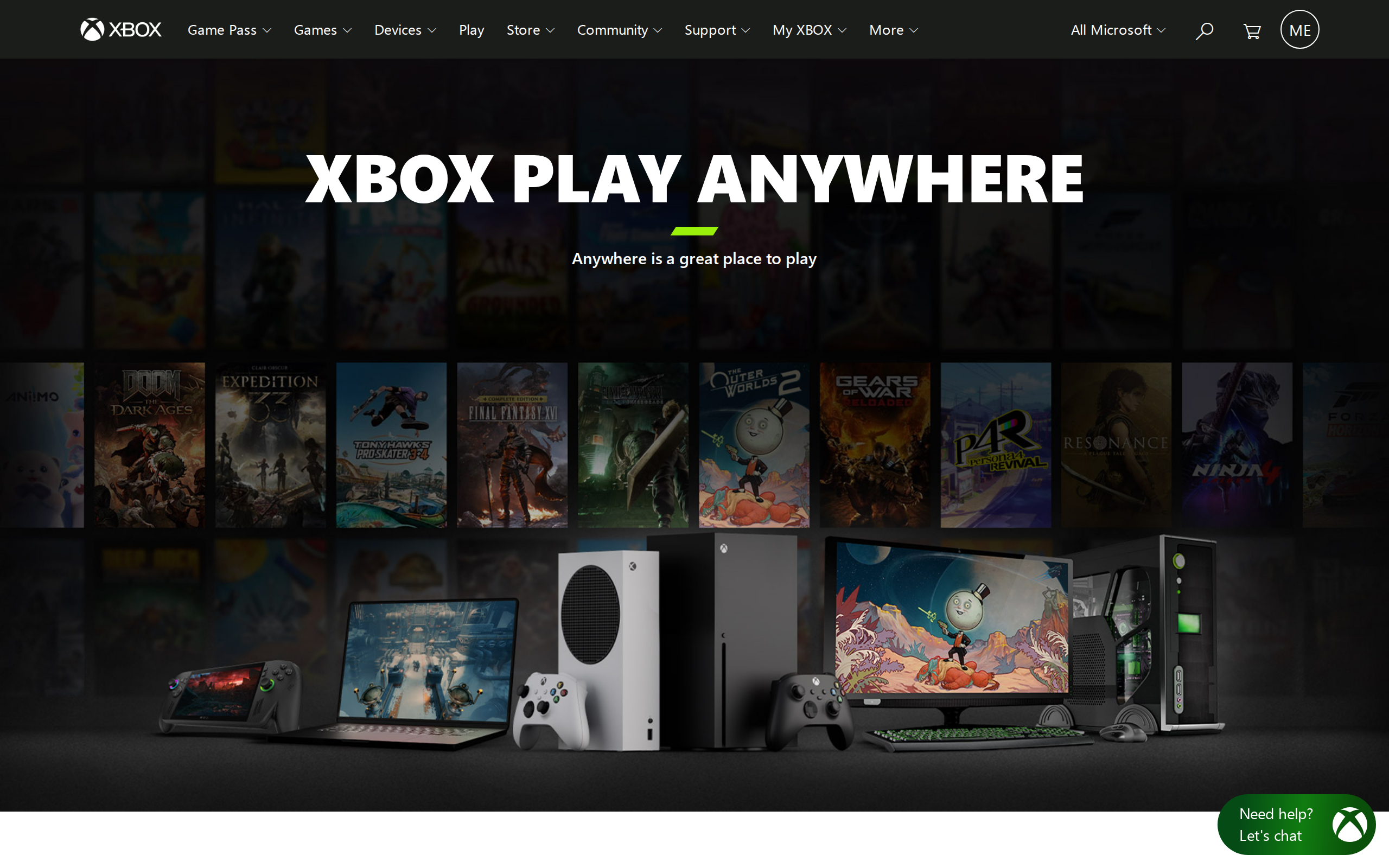 The Xbox Play Anywhere page showing a lineup of devices around the ROG Xbox Ally X, a laptop, an Xbox Series S and X, and a desktop