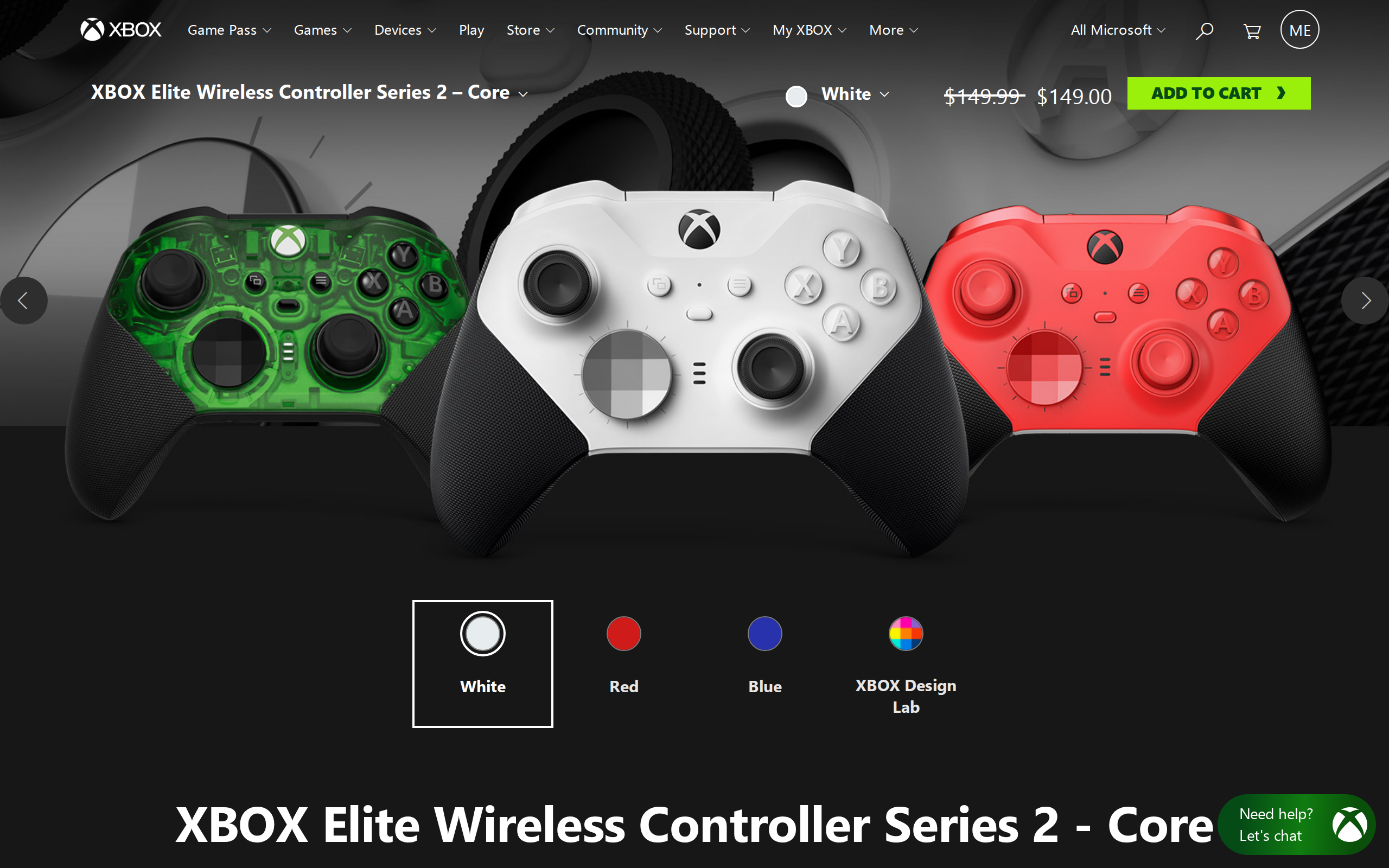 Xbox page for the Elite Wireless Controller Series 2 Core showing green, white and red controllers at $149.00 with a strike-through of $149.99